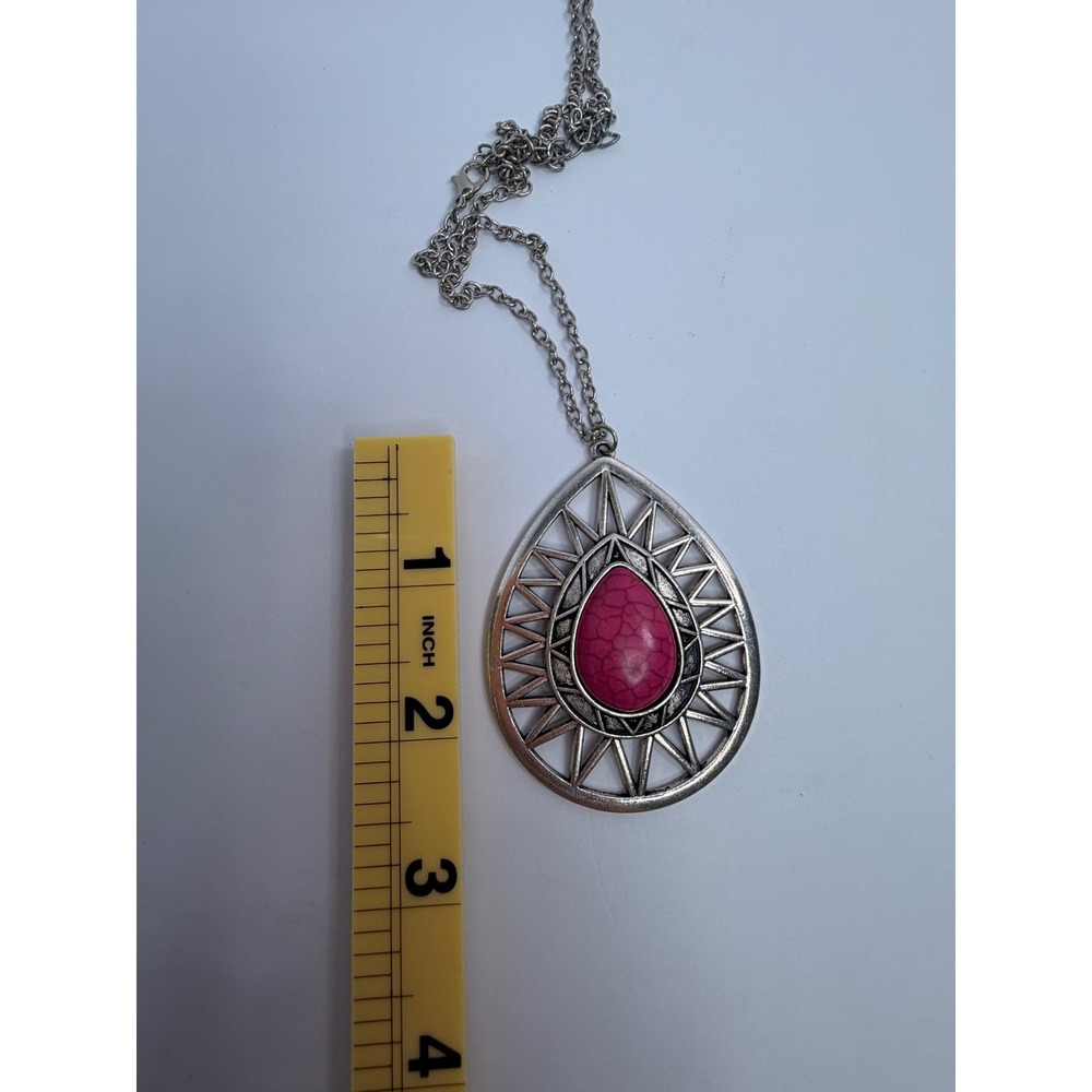 Boho Silver Tone Pink Faux Stone Teardrop Pendant Long Chain Necklace Statement - Picture 4 of 6